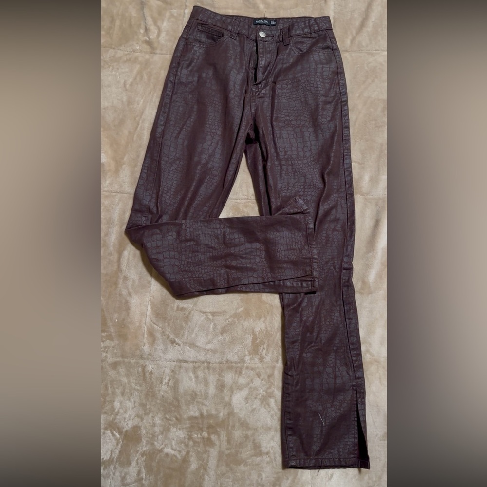 Brown burgundy snakeskin print pants faux leather